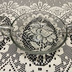 Vintage Round Clear Serving Dish with Double Handles and Etched Daisies