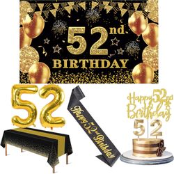 52nd Birthday Decorations Men Women With 52nd Birthday Banner, Black And Gold Table Cloth, Number Balloons, Large Sash, Cake Topper And Candles