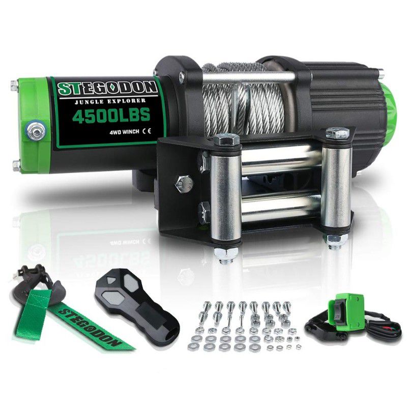 STEGODON New 4500 lb. Load Capacity Electric Winch,12V Steel Cable Winch with Wireless Handheld Remote and Wired Handle, IP67 Waterproof Electric Winc