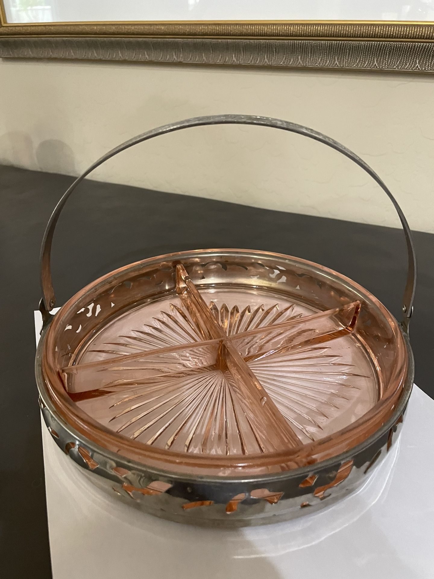 Depression Glass Divided Dish in silver handled server