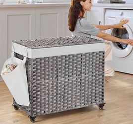3-Section Rattan Laundry Hamper on Wheels | Lid | Removable Liner | Gray Wicker