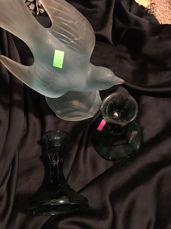 Pair of candle holders and glass dove