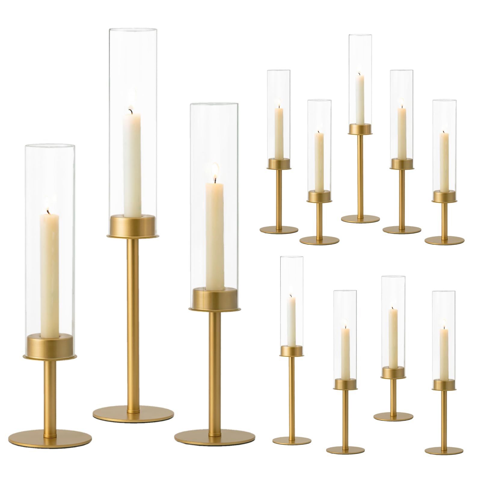 Hewory Gold Candle Holders Hurricane Candlestick Holders, 12Pcs Brass Candle Stick Candle Holder Candelabra, Taper Candle Holders With Glass Candle Co