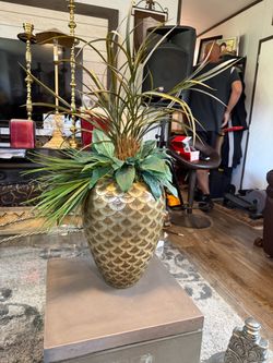 Large Gold Pineapple Vase with Faux Arrangement