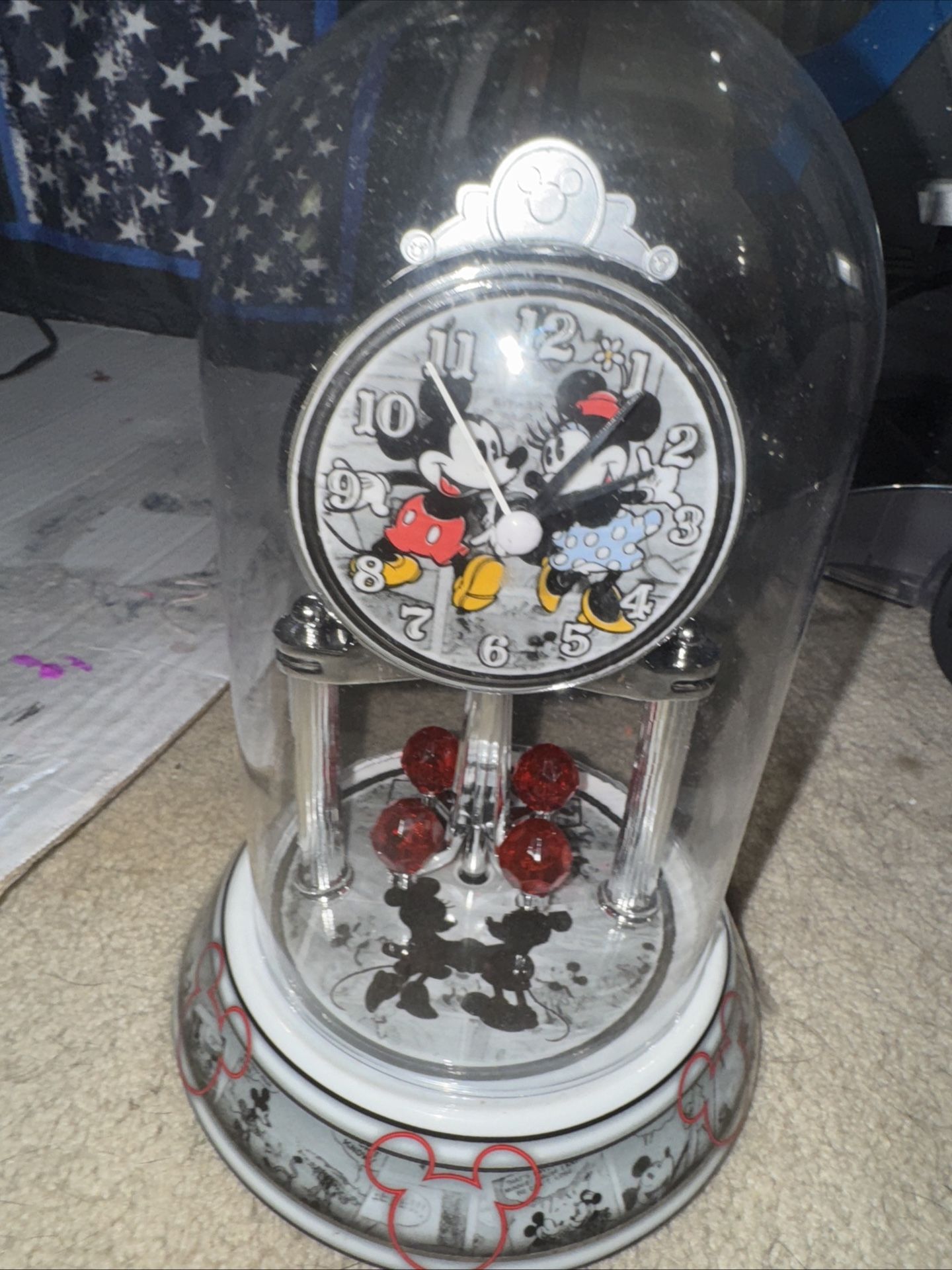 Disney Mickey Mouse Comic & Minnie Spinning Pendulum Clock With Glass Dome New