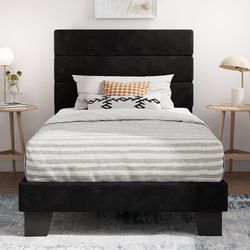 Twin Size Platform Bed Frame with Upholstered Velvet Headboard, Black Upholstered Bed Frame with Headboard/Mattress Foundation with Strong Wooden Slat