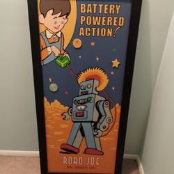 ROBO JOE: Bombay Art Frame
42" tall x 16" wide. Wood frame. Heavy. Very good shape. (Painting art picture vintage toys robot) 