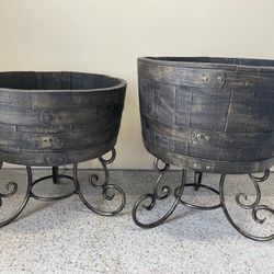 2 Artisan antique whiskey barrel repurposed plant flower planters