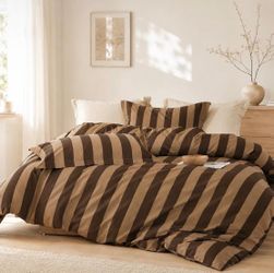 Brown and Tan Striped Duvet Cover Set Queen