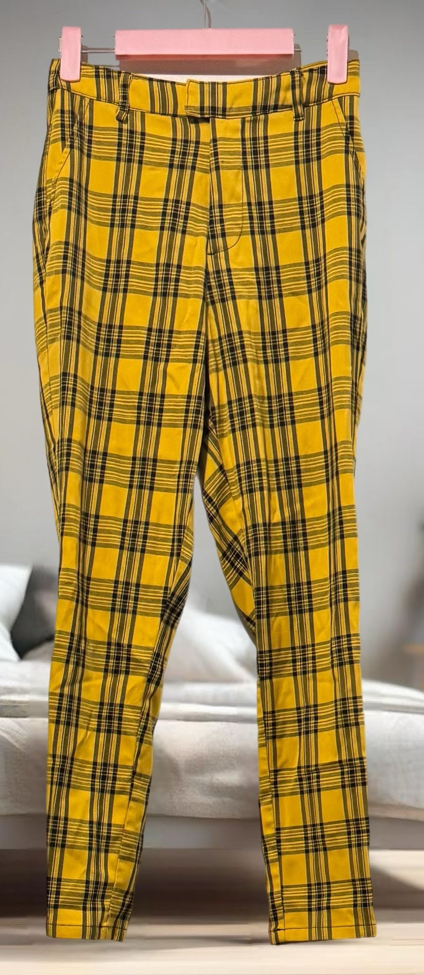 Hot Topic (W) Womens High Waist Plaid Pants XS Yellow Black Slim Leg Relaxed EUC
