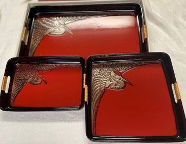 New but. Vintage, Firm, LACQUER WARE Nesting Trays, Black Red with Gold Stork, 3 pc MELAMINE  