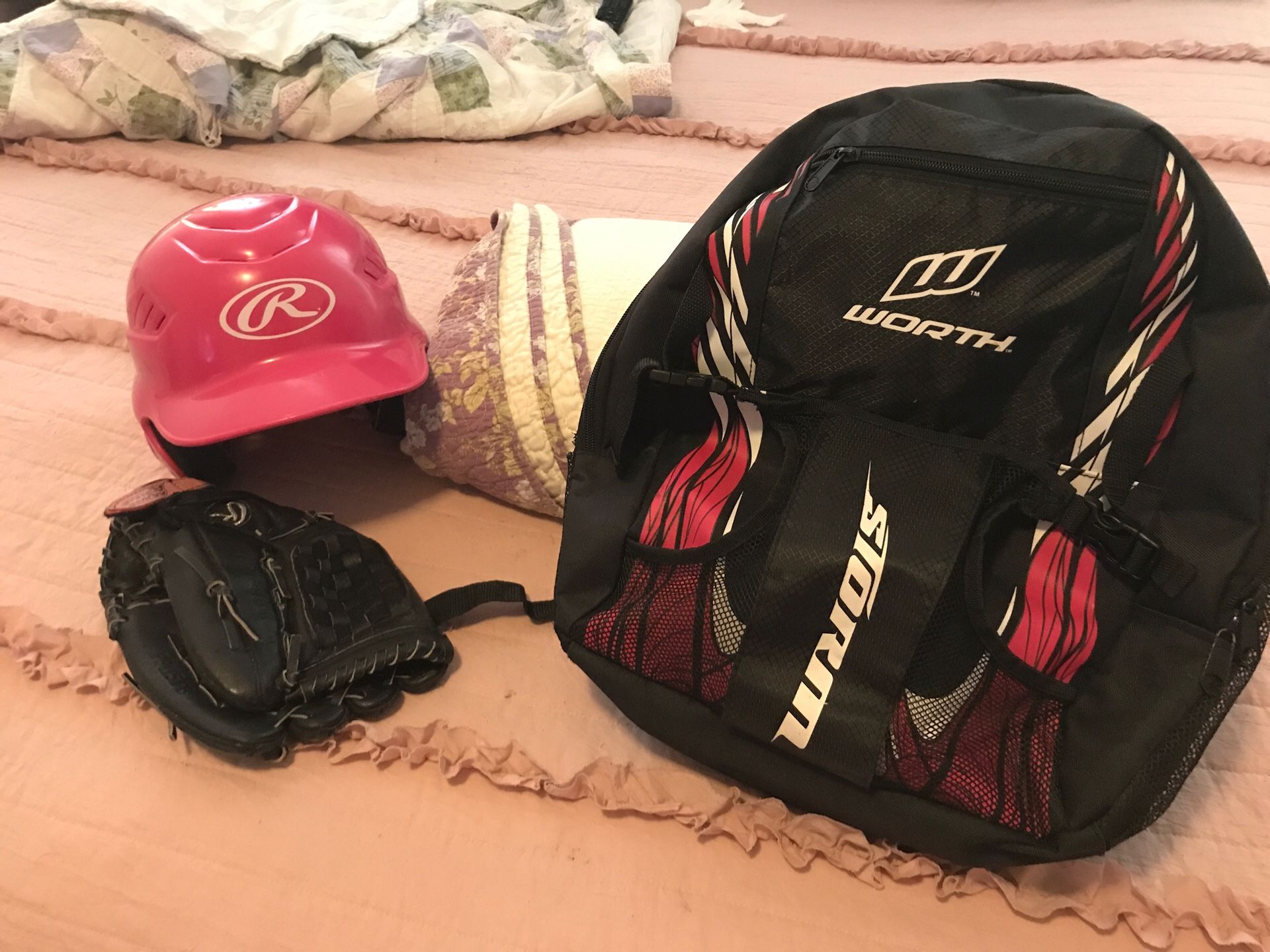 Baseball/softball ball kids back pack, helmet and glove
