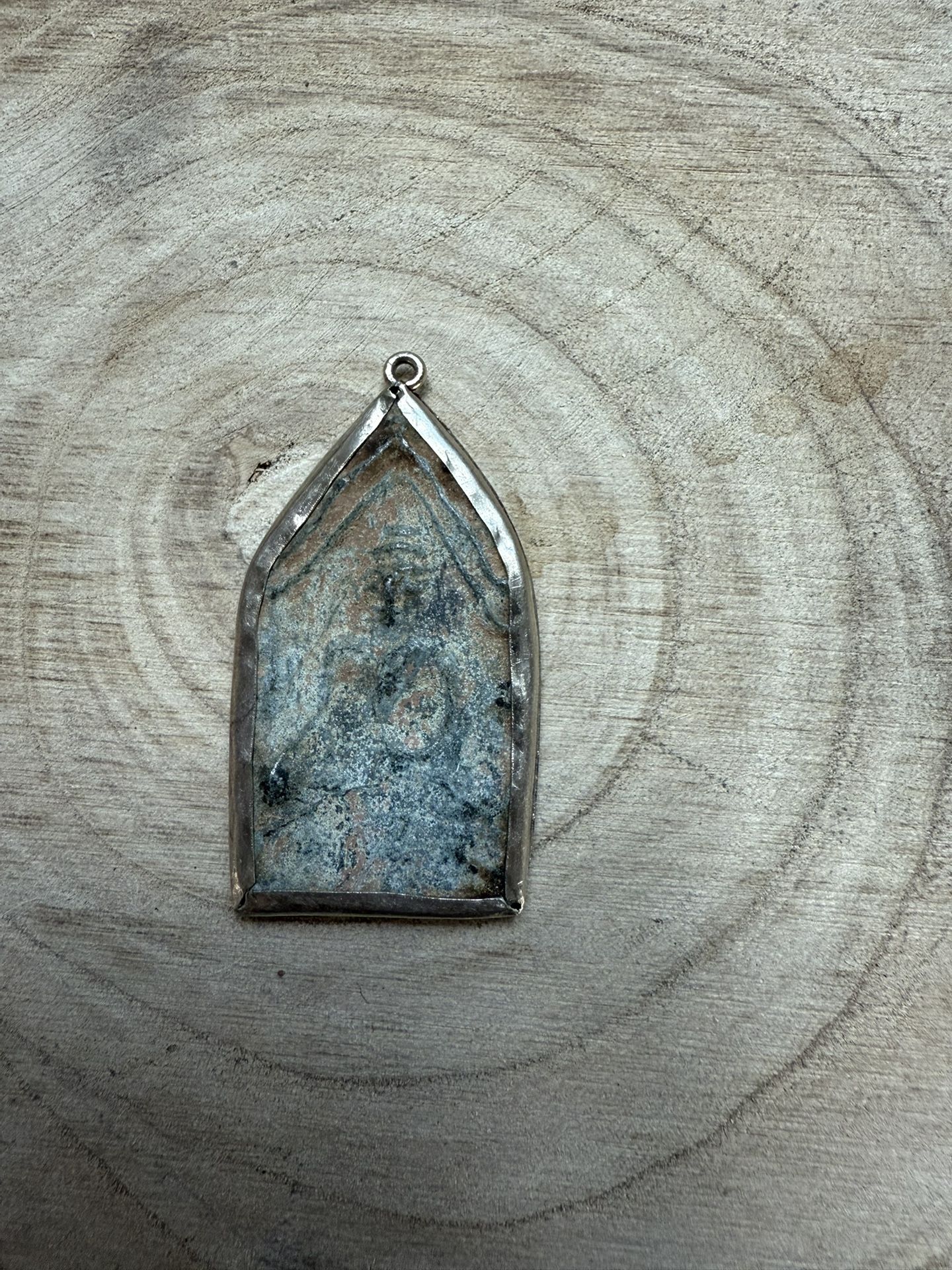 Antique Stone Buddah Pendant Set In Silver Toned bezel