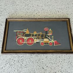 Vintage Framed 18x33 Train Engine Yarn Art. Great Home Decor Piece. Pre Owned.