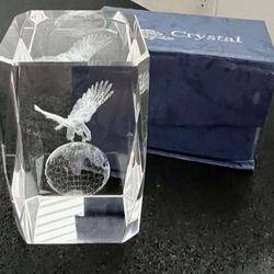 3D Laser Etched Eagle & Globe Crystal Glass Paperweight Holographic 3" Tall Comes in box  In excellent condition