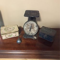Antiques Four  different Items  Scale And tins
