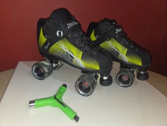 Jackson Quad Roller Skates Atom Rave with neon green and black graphics, New Rock GT50 wheels. New Skate pair & tool