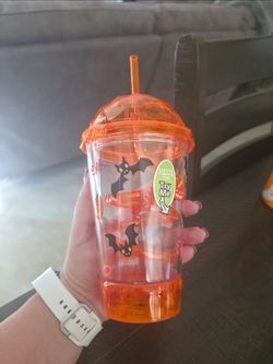 Orange Plastic Bat Light Up Tumbler with Spiral Straw