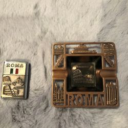 Rome Italy Original Art / Copper / Italian Vintage Souvenir Ashtray And Lighter / Roma Vaticano 