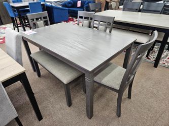 New special gray color dining table set 1 table 4 chairs 1 bench