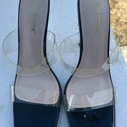 Clear Strap Black Slip On Heels 