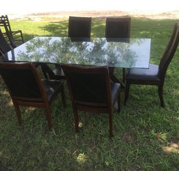 Wood Base Glass Top Dining Table