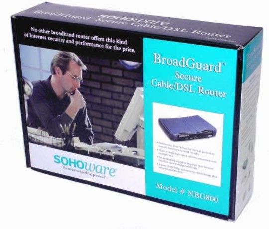 Brand New Sealed SOHOware BroadGuard Secure Cable/DSL Router, Model # NBG800. Vintage 2001. The image shows the box for a SOHOware BroadGuard Secure C