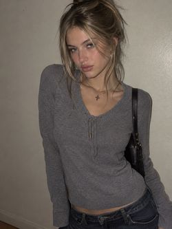 Y2K Gray Lace-Up Sweater  Fitted V-Neck Knit Top Grunge Size Petite Large