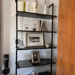 two wood/metal ladder bookcases