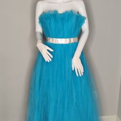 Turquoise Tulle Prom Dress With Silver Accent Waistband, Size 3-4 