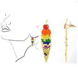 NWT Gold Tone Rainbow Enamel Ice Cream Cone Pride Drop Earrings 2.4” L