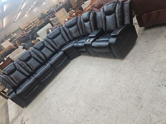 Leather Living Room Sectional Sofa Set in Black with LED Lights,USB Charger,and Storage Armrest