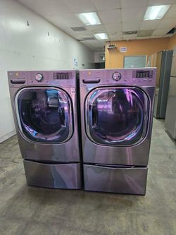 LG ThinQ Front Load Washer & Dryer Set - Black Steel w/ Pedestals