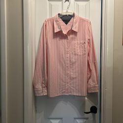 Women’s TOMMY HILFIGER Cotton, Viscose  Pink With White Vertical Stripes Long Sleeve Button Down Shirt Top… Size Xl
