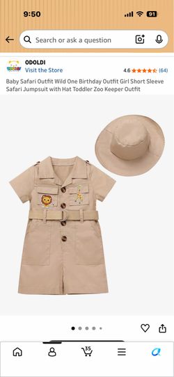 Baby Safari Outfit Wild One Birthday Outfit Girl Short Sleeve Safari Jumpsuit with Hat Toddler Zoo Keeper Outfit