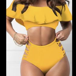 Yellow Off-shoulder Ruffle Trim Bikini Sets,  Lace Up Side High Waisted High Cut Casual Beachwear 2 Pieces Swimsuit, Women's Swimwear & Clothing
