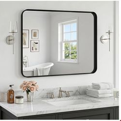 Bathroom Mirror, 30" X 22" Wall Mirror Metal Framed, Bathroom Vanity Mirror For Living Room Bedroom Bathroom Entryway, Black, Rounded Corner Style