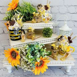 Bee Themed Faux Dessert Tiered Tray Decor – Handmade Display Hot Cocoa Chocolate Mugs, Cookie, Cookies, Donuts, Honeycomb, Flowers – Kitchen