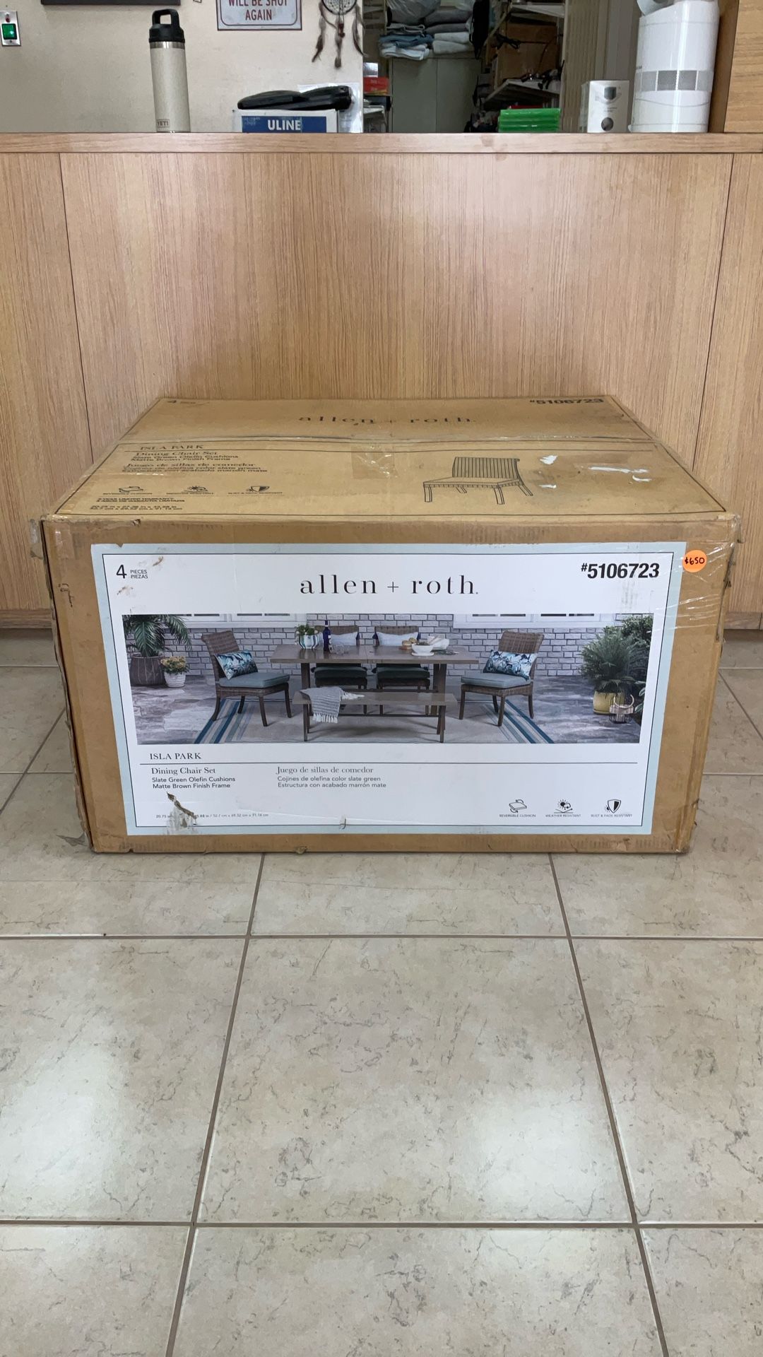 4 PIECES ALLEN+ROTH ISLA PARK DINING CHAIR SET SLATE GREEN OLEFIN CUSHIONS MATTE BROWN FINISH FRAME.