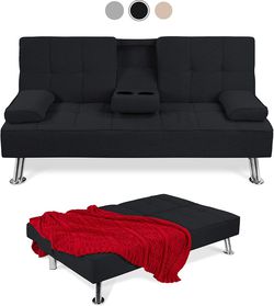 Modern Linen Convertible Sofa Bed with Removable Armrests, Metal Legs with 2 CUP Holders, Black