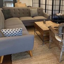 Gray Mid-Century Modern Tufted Sectional Sofa