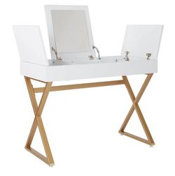 White Vanity Desk with Flip Top Mirror Gold Legs