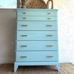 Refinished Solid Wood Blue 5 Drawer Dresser 