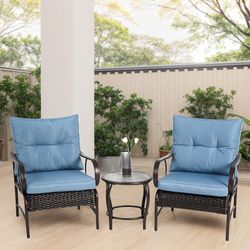 1342c 3 Pieces Patio Furniture Set, Outdoor Wicker Furniture Set, All-Weather Steel Frame with Removable Cushions & Glass Top Table for Garden, Poolsi