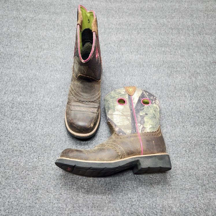 Ariat Fatbaby Women’s Cowboy Boots Size 5 Brown Camo Pink Trim Western Leather