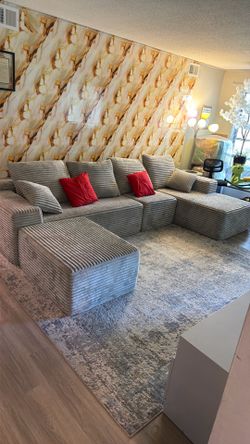 Gray Corduroy Modular Sectional Sofa with Ottomans
