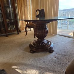 Round Tempered Glass Table Solid Wood Base