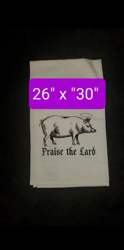 PRAISE THE LARD Kitchen hanging drying hand white pig halo towel cotton flour sack