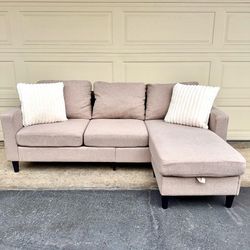 Small Tan Reversible Sectional Couch Sofa With USB Charging Port