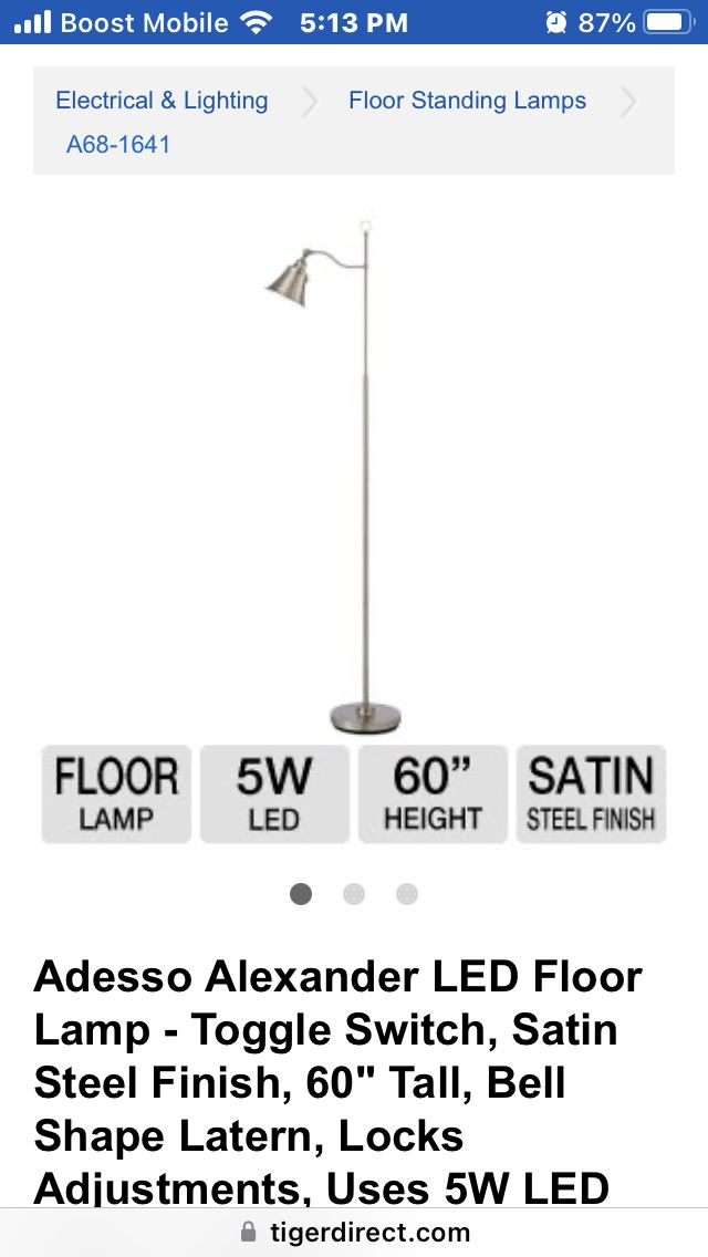 Adesso LED Alexander Floor lamp in satin steel finish. LED bulb lasts the life of the lamp. 60” Tall. BRAND NEW!!!(Oakey & Decatur 89146)